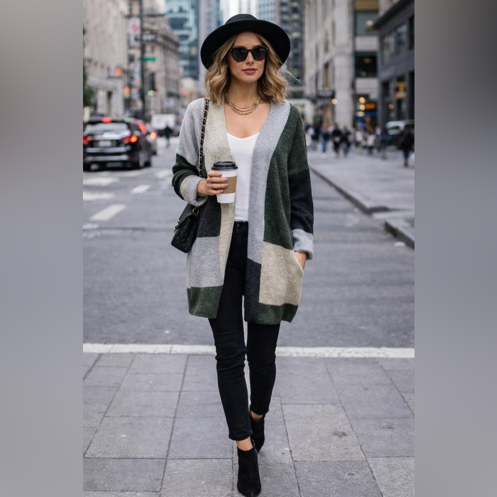 DAVI & DANI Olive Gray Cream Colorblock Open Front Cardigan Sweater L